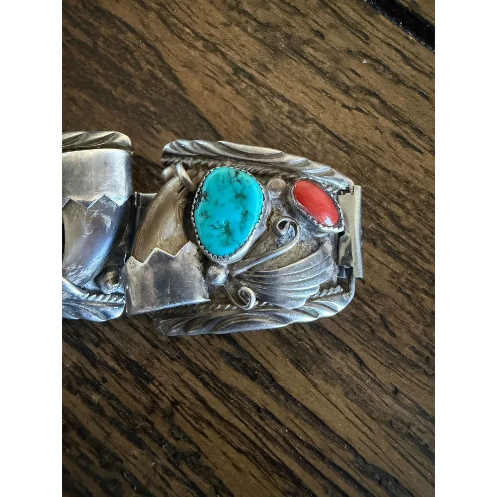 Vintage Navajo Sterling Silver Turquoise Coral Bear Claw Watch Band Old Pawn DDC